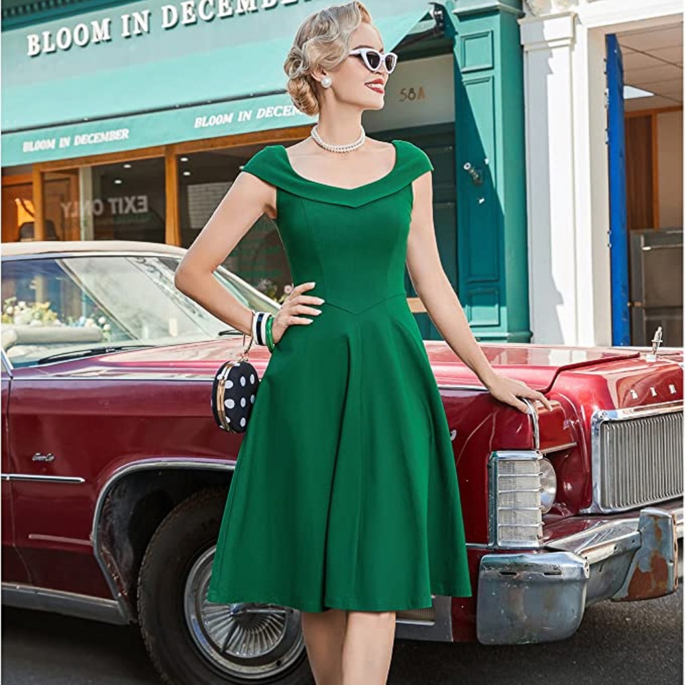 Green 1950s Scoop Neck Off-Shoulder Sheath Formal Cocktail Dress (Size L)